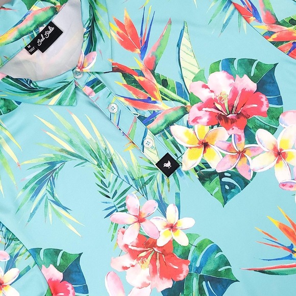 Bad Birdie Polo Shirt Mens Medium Blue Floral Hawaiian Tropical Golf Stretch - Picture 1 of 11